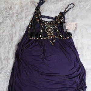 Free People Purple Embellished Beaded Sleeveless Boho Festival Tunic Tee Size M